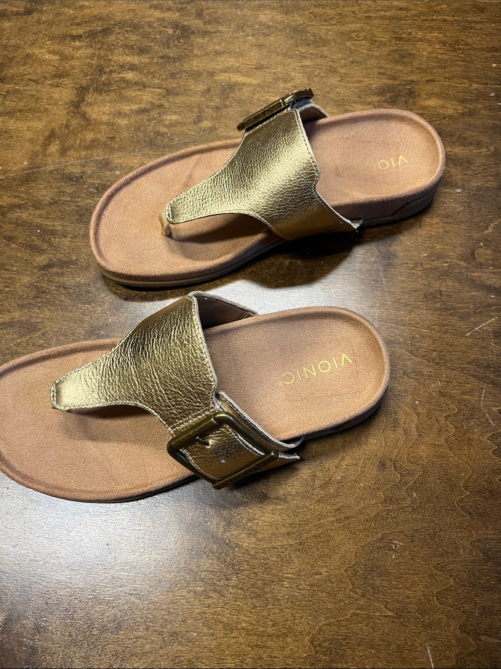 Vionic Gold Leather Thong Sandals with Buckle Detail
